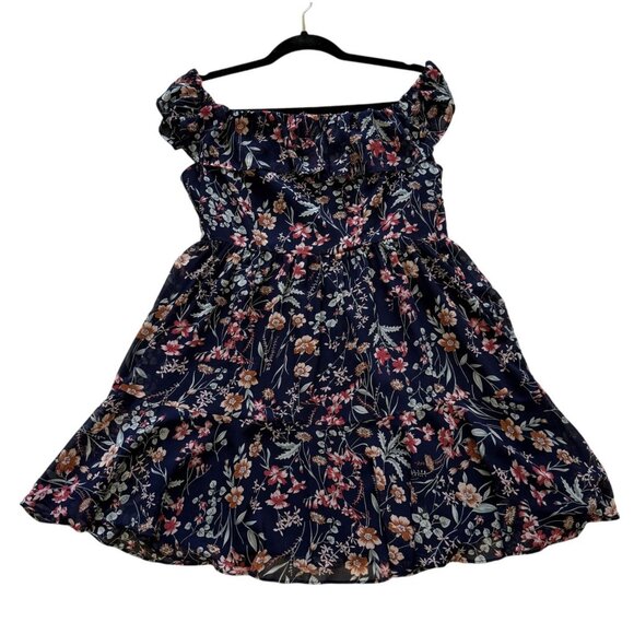 Floral Navy Ruffle Off-Shoulder Dress Womens M By Lulus Fairy Grunge CountryCore - Picture 1 of 6
